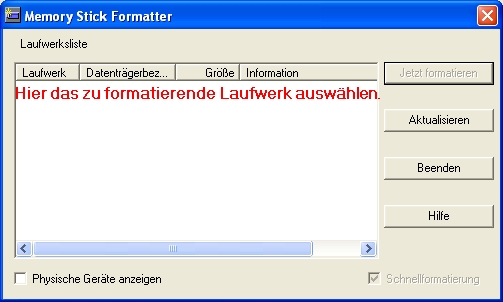 Memory Stick Formatter: Programmfenster
